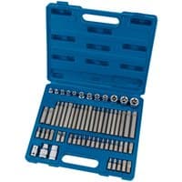 Blue Draper Expert socket and bit set in a plastic case, featuring 61 pieces including sockets, bits, and adaptors.