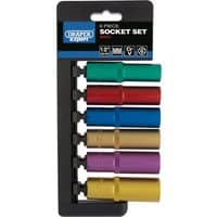 Draper Expert deep socket set, 6 colored sockets on black holder, 1/2" square drive, includes green, red, blue, gold, purple.