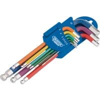 Multicolored Draper Expert hex and ball end key set, 9 pieces, with blue holder and varying lengths.