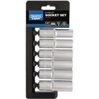 Draper Expert 6-piece metric deep socket set, silver finish, 1/2" square drive, mounted on black plastic holder.