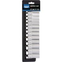 Draper Expert 12-piece metric deep socket set, silver finish, organized on a black plastic holder.