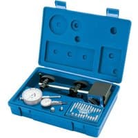 Blue Draper Expert metric dial test indicator kit with precision gauges and accessories in a molded plastic case.