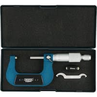 Blue Draper Expert micrometer, 25-50mm range, in black foam case with adjustment tool and standard.