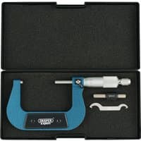 Blue and silver Draper Expert micrometer, 50-75mm range, in black case with adjustment tools.
