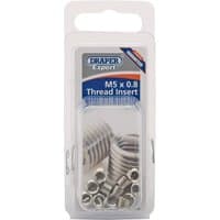 Draper Expert M5 x 0.8 thread insert refill pack of 12, silver coils in clear plastic packaging with blue label.