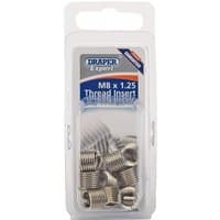 Draper Expert M8 x 1.25 thread inserts, silver coils in a clear plastic pack, blue and white label.