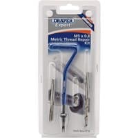 Draper Expert thread repair kit with blue handle tool, drill bits, and coils in clear plastic packaging.