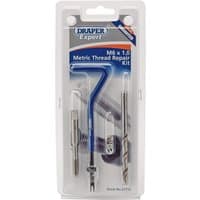Draper Expert thread repair kit with blue handle, drill bits, and inserts in clear plastic packaging.