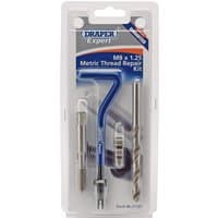 Draper Expert thread repair kit with blue handle, drill bit, and inserts in clear plastic packaging.