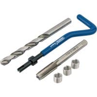 "Draper Expert thread repair kit with silver drill bit, blue handle, tap, and three steel inserts, M9 x 1.25 size"