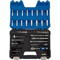 Draper Expert 75-piece socket set in blue and black case with various sockets, ratchets, and extensions.