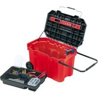 Red Draper Expert mobile tool chest with black lid, wheels, and handle, includes removable tray with assorted tools.