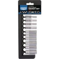 Draper Expert deep socket set, 10 silver metric sockets on black rail, 1/4" square drive, in retail packaging.