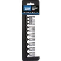 Draper Expert 10-piece metric socket set with silver sockets on a black holder, 1/4" square drive.