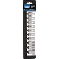 Draper Expert 10-piece socket set, silver chrome finish, neatly arranged on a black plastic holder with labeled packaging.