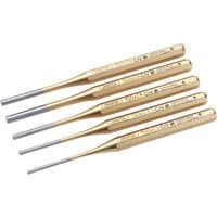 Gold octagonal parallel pin punch set, five pieces with engraved markings, tapered ends, and polished finish.