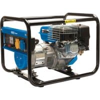 Blue and black Draper Expert petrol generator, 2000W, with metal frame and control panel with sockets.
