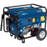 Blue Draper Expert petrol generator, 4000W, with black frame, control panel, yellow sockets, and two wheels.