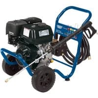 Blue and black Draper Expert petrol pressure washer with 13HP engine, hose reel, and sturdy wheels.