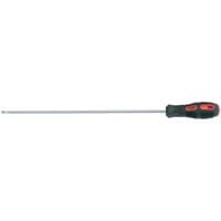 Black and red-handled Draper Expert screwdriver with long silver shaft and parallel slot tip, 5 x 200mm size.