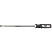 Draper Expert screwdriver, 10 x 250mm, with black soft grip handle and long silver plain slot blade.