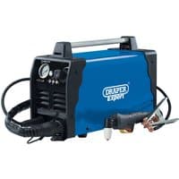 Blue Draper Expert Plasma Cutter, 25A, with black accents, control dials, and attached cutting torch.