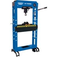Blue Draper Expert floor press, 50 tonne capacity, with pneumatic/hydraulic system, pressure gauge, and safety guard.