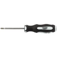 Draper Expert screwdriver with black soft grip handle, silver cross slot tip, and 75mm shaft.