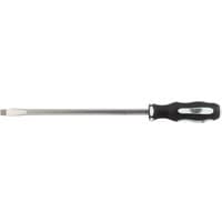 Draper Expert screwdriver with black soft grip handle and long metal shaft, plain slot tip, 10 x 250mm size.
