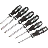 Draper Expert screwdriver set with black soft grip handles and chrome-plated shafts, includes flathead and Phillips types.