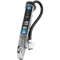 "Draper Expert air line inflator, silver with black handle, digital display, and lock-on connector hose."