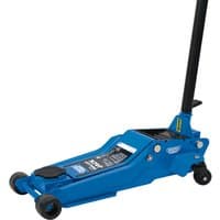 Blue Draper Expert low profile trolley jack, 3 tonne capacity, with black handle and wheels, compact design.