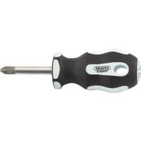 Draper Expert PZ TYPE screwdriver, No.2 x 38mm, black soft grip handle with white accents, short metal shaft.