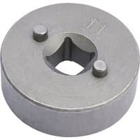 Round metal Draper Expert brake piston wind-back tool with two pins and a central square cutout.