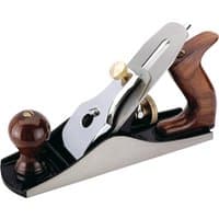Draper Expert smoothing plane, 250mm, with polished steel body, wooden handles, and brass adjustment knobs.