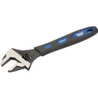 Black and silver adjustable wrench with blue soft grip handle, 250mm, by Draper Expert.
