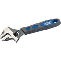 Draper Expert 150mm adjustable wrench with silver crescent head and black soft grip handle with blue accents.