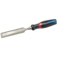 Draper Expert wood chisel with soft grip handle, silver bevel edge blade, and blue and black ergonomic design.