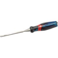 Draper Expert wood chisel with blue soft grip handle, red accents, and 6 x 140mm bevel edge blade.