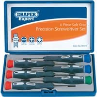 Blue box with six precision screwdrivers, soft grip handles in red, green, and blue caps, by Draper Expert.