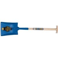 Blue square mouth shovel with ash shaft and T handle, Draper Expert branding on blade.