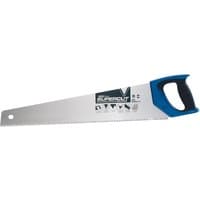 Draper Expert handsaw with blue soft grip handle, 550mm blade, 7tpi teeth, and printed logo on silver blade.