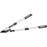 Telescopic bypass ratchet loppers with soft grip and silver aluminum handles, featuring black cutting blades.