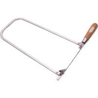 Draper Expert fretsaw with a silver metal frame and wooden handle, featuring a fine blade for precision cutting.