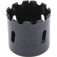 Black Draper Expert hole saw with tungsten carbide grit edge, 48mm diameter, and side slots for debris removal.
