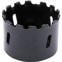 Black Draper Expert hole saw, 64mm, with tungsten carbide grit edge and open slots for debris removal.