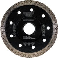 "Black Draper Expert Turbo-X diamond blade, 115mm, with silver rim and multiple circular cutouts"