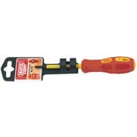 Red and yellow insulated cross slot screwdriver with ergonomic handle, No.0 x 60mm, in display packaging.