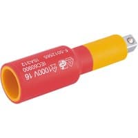 Red and yellow Draper Expert insulated extension bar, 1/4" square drive, 50mm length, with VDE approval markings.