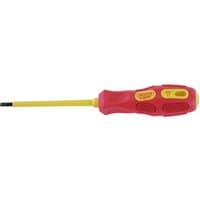 Red and yellow Draper Expert insulated plain slot screwdriver, 4.0 x 100mm, with ergonomic handle and VDE approval.